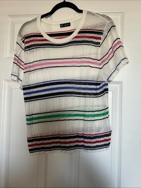 GAP White Short-Sleeve Crewneck Top with Multi-Color Stripes